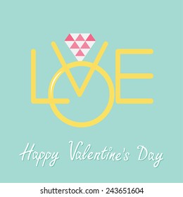Wedding gold ring with polygonal pink diamond. Word love Flat design Happy Valentines day Vector illustration