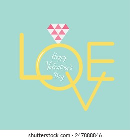 Wedding gold ring with polygonal pink diamond. Word love Flat design Happy Valentines day Vector illustration