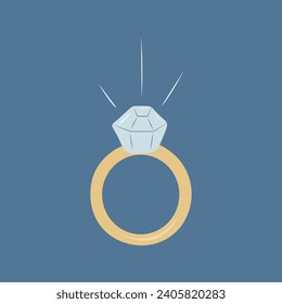 Wedding gold ring with stone on blue background