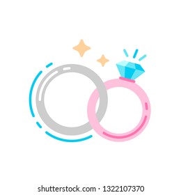 Wedding gold rings with diamonds flat color icon. Betrothal sign for web page, mobile app, banner. Marital Status. Pictogram UI/UX and GUI user interface. Vector clipart, illustration, template.