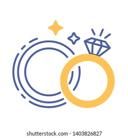 Wedding gold rings with diamonds flat color icon. Betrothal sign for web page, mobile app, banner, promo. Marital Status pictogram. UI/UX/GUI design element Vector clipart, illustration, template.