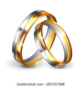 Wedding gold and silver rings engagement illustration. Wedding rings for engagement on white background. Vector illustration