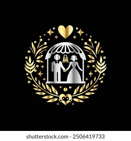 Logotipo de Boda Golden Heart Luxury. Escudo heráldico de armas logo decorativo Ilustración vectorial aislada.