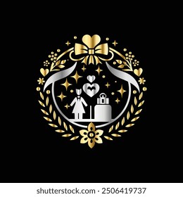 Logotipo de Boda Golden Heart Luxury. Escudo heráldico de armas logo decorativo Ilustración vectorial aislada.