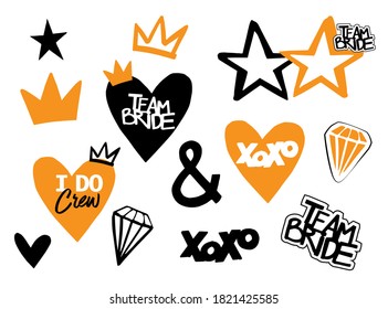 Wedding Golden Photo Booth Props Isolated Vector Illustration On White Background. Bride Team Gold Party Photo Set For T-shirt Print. Bachelorette Party Logo. Speach Bridal Props Collection.