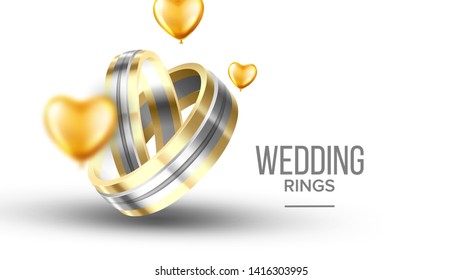 Wedding Golden With Platinum Rings Banner Vector. Special Symbolic Of Relationship Rings For Young Newly Couple Engaged Decorated Yellow Helium Balloons. Marriage Accessory Realistic 3d Illustration