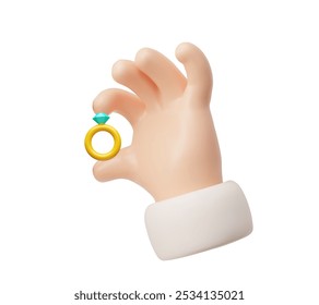 Anillo de oro de Boda con diamantes sostiene la ilustración de Vector de mano. Joyas de compromiso 3D con piedras preciosas, tesoro de lujo con una piedra preciosa mostrando. Matrimonio y propuesta de amor