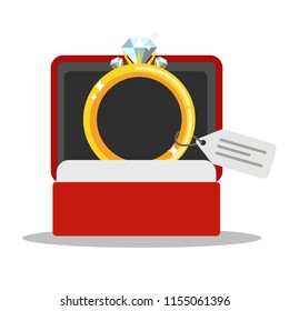 Wedding golden ring with diamond in a red box. Expensive jewelry. Isolated vector flat illustration