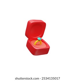 Anillo de oro de Boda con diamante en la ilustración de Vector de caja de regalo roja. La forma cuadrada del paquete 3D con la joyería del compromiso presenta la vista isométrica. Caso abierto del terciopelo con el tesoro de lujo aislado