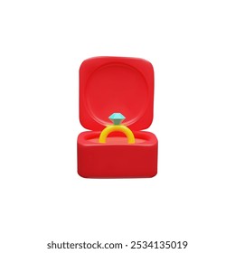 Anillo de oro de Boda con diamante en la ilustración de Vector de caja de regalo roja. Forma cuadrada del paquete 3D con la vista frontal presente de la joyería del compromiso. Caso abierto del terciopelo con el tesoro de lujo aislado