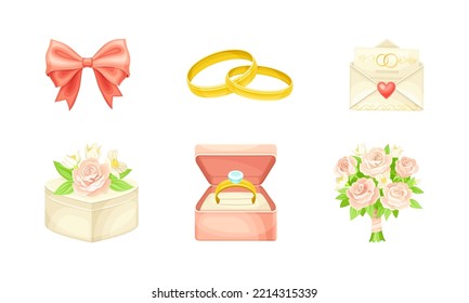 Wedding Golden Ring, Envelope With Invitation Card And Flower Bouquet Vector Set