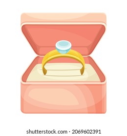 Wedding Golden Ring with Gem Rested in Pink Box Closeup Vector Illustration