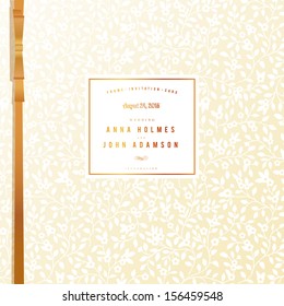 Wedding grand card with a beautiful background with silhouettes of small flowers. White flowers on a beige background with a gold bow. Vector illustration.