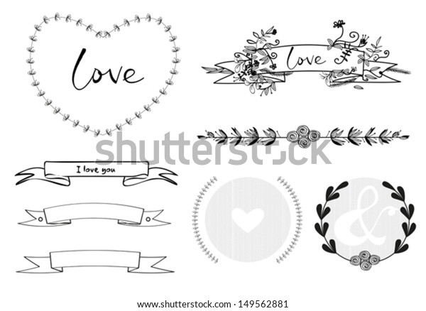Wedding graphic hand-draw set, hearts, laurel,\
wreaths, ribbons and\
flowers.