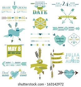 Wedding Graphic Set, Arrows, Feathers, Heart, Ribbons and Labels - in vector