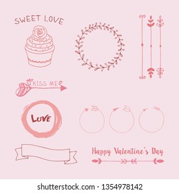 Wedding graphic set, arrows, hearts, laurel, wreaths, ribbons and labels