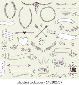 Wedding graphic set, arrows, hearts, laurel, wreaths, ribbons and labels.