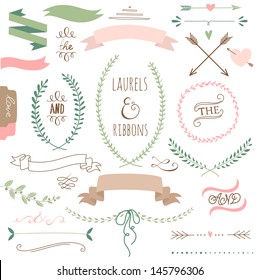 Wedding graphic set, arrows, hearts, laurel, wreaths, ribbons and labels. 