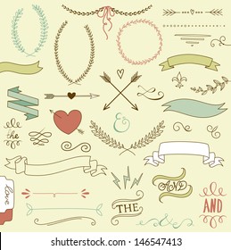 Wedding graphic set, arrows, hearts, laurel, wreaths, ribbons and labels. 