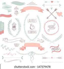 Wedding graphic set, arrows, hearts, laurel, wreaths, ribbons and labels. 