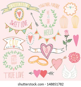 Wedding graphic set: arrows, hearts, laurel, wreaths, ribbons,wings, cages, flowers, hand drawn letters and labels in color.