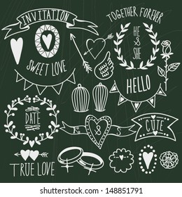 Wedding graphic set: arrows, hearts, laurel, wreaths, ribbons,wings, cages, flowers, hand drawn letters and labels.
