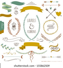 Wedding graphic set, arrows, hearts, laurel, wreaths, ribbons and labels. 