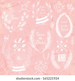 Wedding graphic set, arrows, hearts, laurel, wreaths, ribbons and labels.