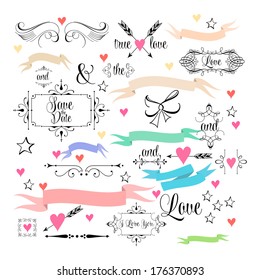 Wedding graphic set, arrows, hearts, laurel, wreaths, ribbons and labels.  