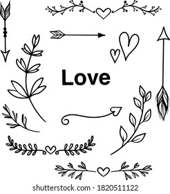 Wedding graphic set, arrows, hearts, laurel, wreaths, ribbons and labels.