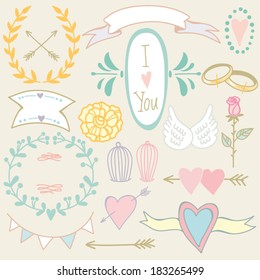 Wedding graphic set: arrows, hearts, laurel, wreaths, ribbons,wings, cages, flowers, hand drawn letters and labels in color.