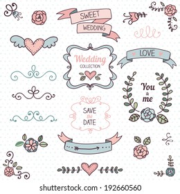 Wedding graphic set, arrows, hearts, laurel, wreaths, ribbons and labels. 