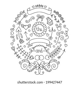 Wedding graphic set, arrows, hearts, laurel, wreaths, flowers, ribbons, bow, cupcake