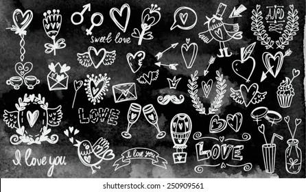 Wedding graphic set: arrows, hearts, laurel, wreaths, ribbons,wings, cages, flowers, hand drawn letters and labels.