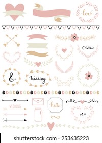 Wedding graphic set, arrows, hearts, laurel, wreaths, ribbons and labels.