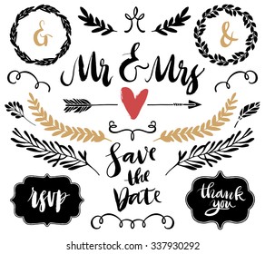 Wedding graphic set, arrows, hearts, laurel, wreaths, curls and labels. Ampersands and catchwords. Hand drawn design elements. Calligraphy and lettering.