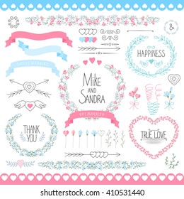 Wedding graphic set, arrows, hearts, laurel, wreaths, ribbons and labels. Wedding template. Wedding design elements,  Wedding greeting card element collection. 