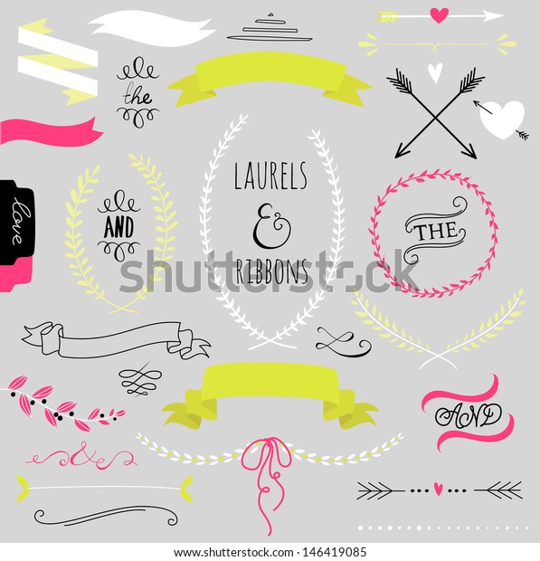 Wedding graphic set, arrows, hearts, laurel, wreaths,\
ribbons and labels. 