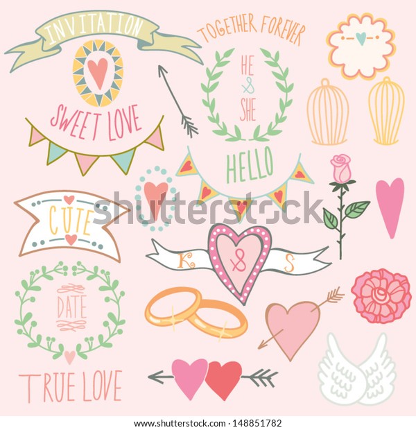 Wedding\
graphic set: arrows, hearts, laurel, wreaths, ribbons,wings, cages,\
flowers, hand drawn letters and labels in\
color.