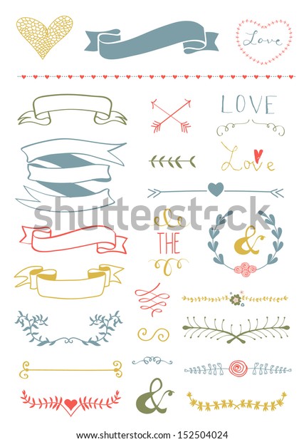 Wedding graphic set, arrows, hearts, laurel,
wreaths, ribbons and
labels.
