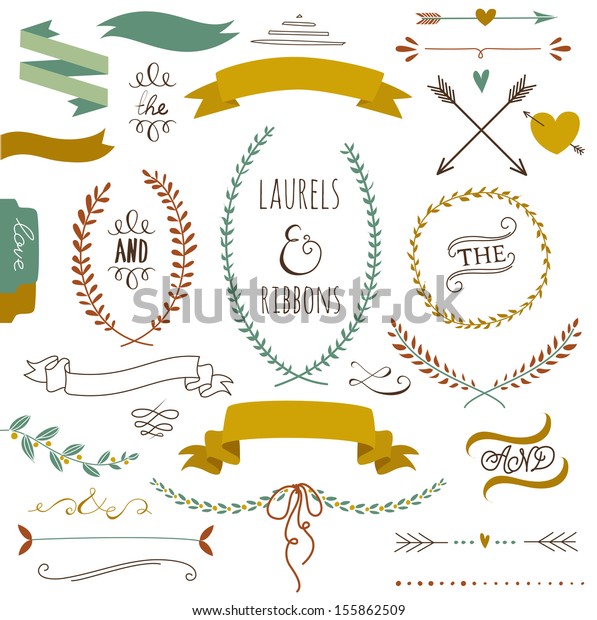 Wedding graphic set, arrows, hearts, laurel, wreaths,\
ribbons and labels. 