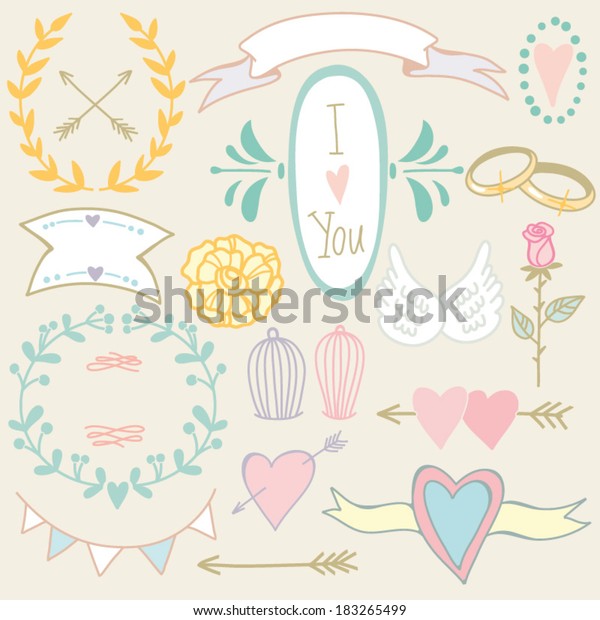 Wedding\
graphic set: arrows, hearts, laurel, wreaths, ribbons,wings, cages,\
flowers, hand drawn letters and labels in\
color.