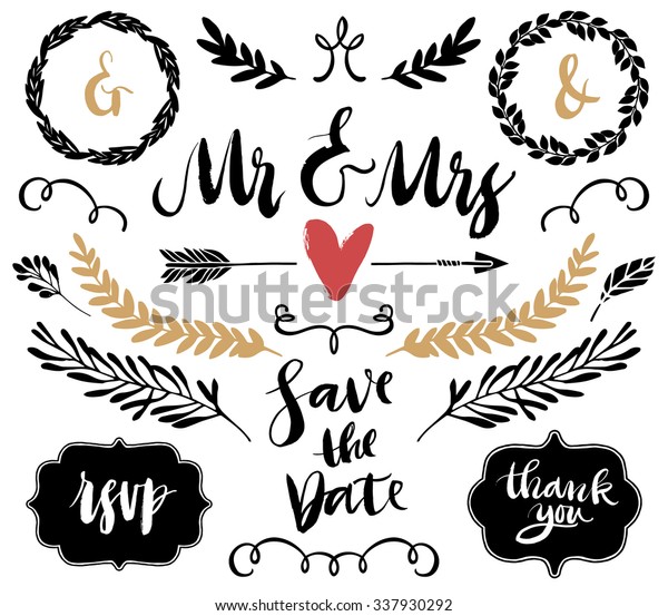 Wedding graphic set, arrows, hearts,\
laurel, wreaths, curls and labels. Ampersands and catchwords. Hand\
drawn design elements. Calligraphy and\
lettering.