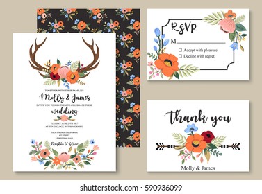 Wedding graphic set in the bohemian style. Collection of wedding invitation, thank you card, rsvp with floral antlers, flowers, leaves and other hand drawn vintage elements. Boho chic design. Vector