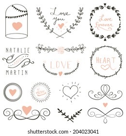 Wedding Graphic Set, Borders, Arrows, Hearts, Laurel, Wreaths, Ribbons And Labels