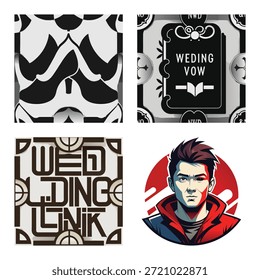 Conjunto gráfico de Boda con ilustración elegante del libro de votos de Boda, tipografía decorativa del matrimonio, patrón floral monocromo y collage de avatar de personaje masculino joven moderno