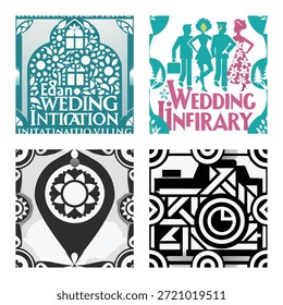 Wedding Graphic Set Featuring Elegant Teal Invitation Card, Colorful Wedding Anniversary Design, Monochrome Location Pin Motif, and Abstract Geometric Camera Pattern Collage