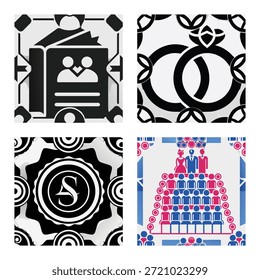 Wedding Graphic Set Featuring Elegant Wedding Photo Album Icon, Interlocked Wedding Rings Illustration, Monochrome Initial Badge, and Colorful Guest List Seating Chart Collage