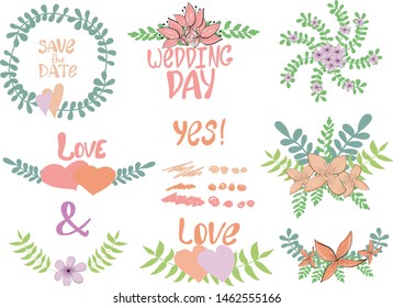 Wedding graphic set of floral frames with inscriptions and elements for design. Vector illustration for posters, invitations, templates, menus.