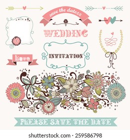 Wedding graphic set with flowers, hearts, bows, ribbons and floral ornament. Use for wedding, birthday, invitations, valentines cards.